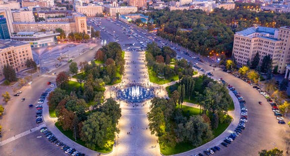 Photo of aerial view of the largest "dry" fountain in Ukraine.