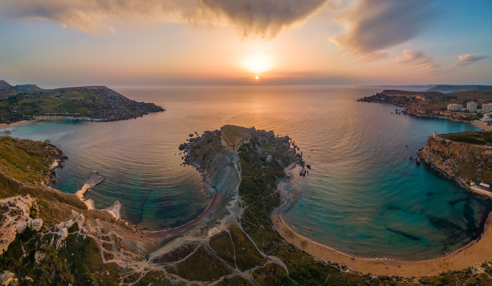 Panoramic view of Ghajn Tuffieha during sunset