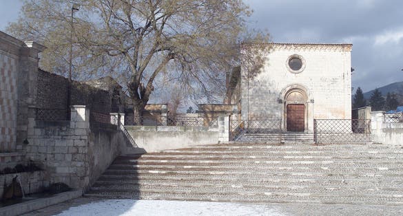 Fountain of the 99 Spouts, Historic fountain with 99 jets distribuited along three walls, L Aquila, Italy.