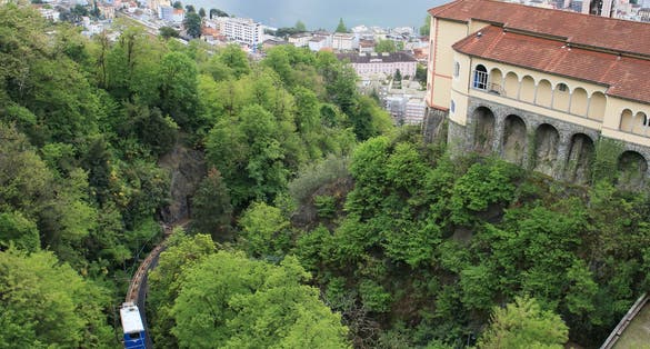 photo of funicular running from Locarno to Orselina passing the church Madonna del Sasso in Locarno, Switzerland.