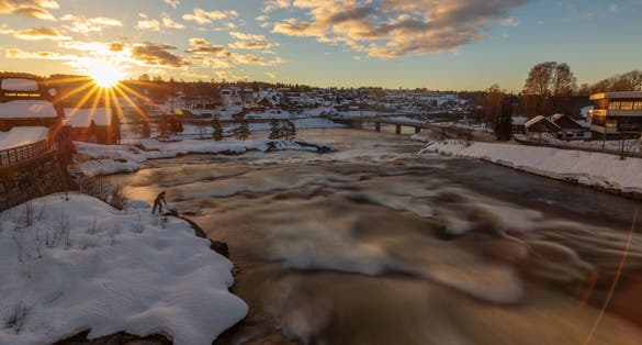 Kongsberg city in Norway, long exposure night photography of the bridge and waterfall.