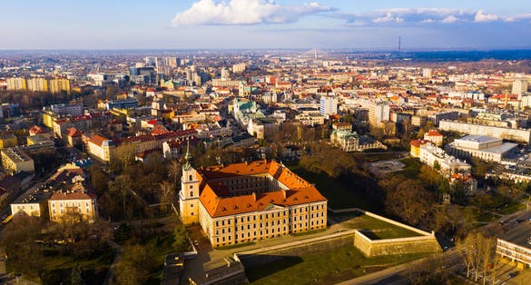 Photo of aerial view of Rzeszow landscape overlooking main city landmark, Poland.