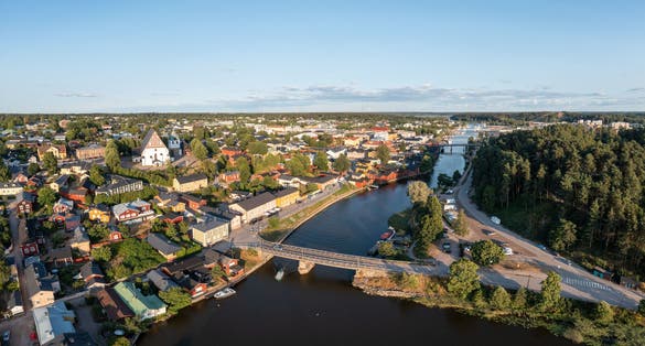 Aerial panorama view of the old town of Porvoo and porvoonjoki river in summer in Finland
