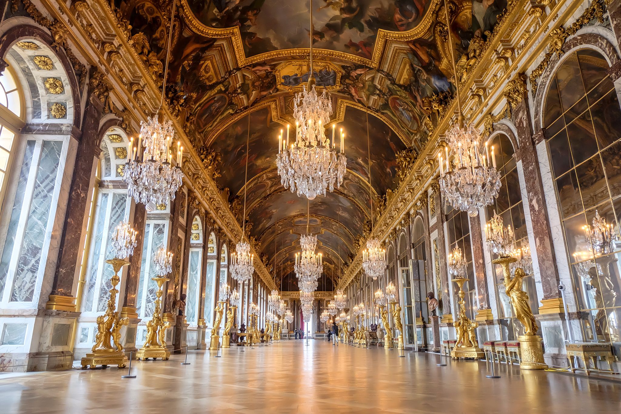 Photo of hall of Mirrors in the palace of Versailles, France.