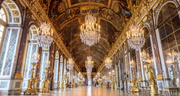 Photo of hall of Mirrors in the palace of Versailles, France.