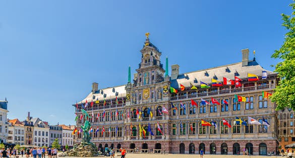 Antwerp City Hall Stadhuis Antwerpen Renaissance Architectural style building and Brabofontein Brabo Fountain on Big Market Square in Antwerp city historical centre, Antwerpen old town, Belgium