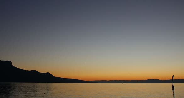 photo of the fork of the alimentarium on the shores of Lake Geneva in Vevey at dusk in Switzerland.