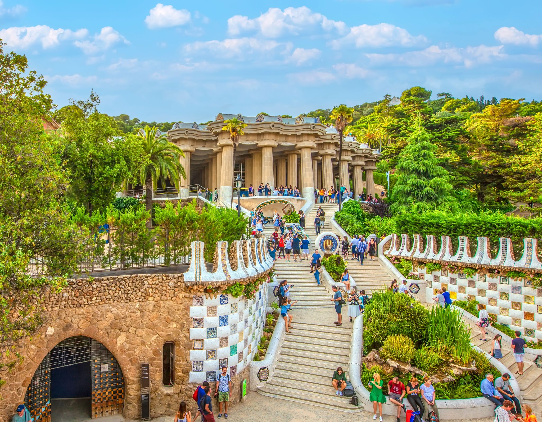 Photo of stairs and buildings in the Park Guell by architect Gaudi o in Barcelona, Spain.