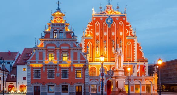 Town Hall Square and the House of the Blackheads in Riga's historic center.