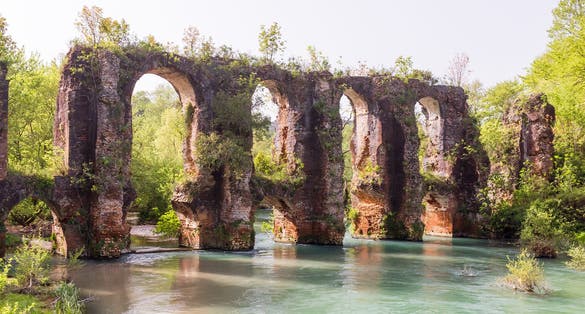 Photo of Roman aqueduct of ancient Nikopolis that starts from the northern end of the valley of the Louros, Preveza, Greece