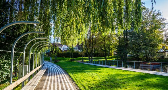 Germany, Green public park feuersee in schorndorf city with a small lake and fountains surrounded by willow trees, a relaxation area for people