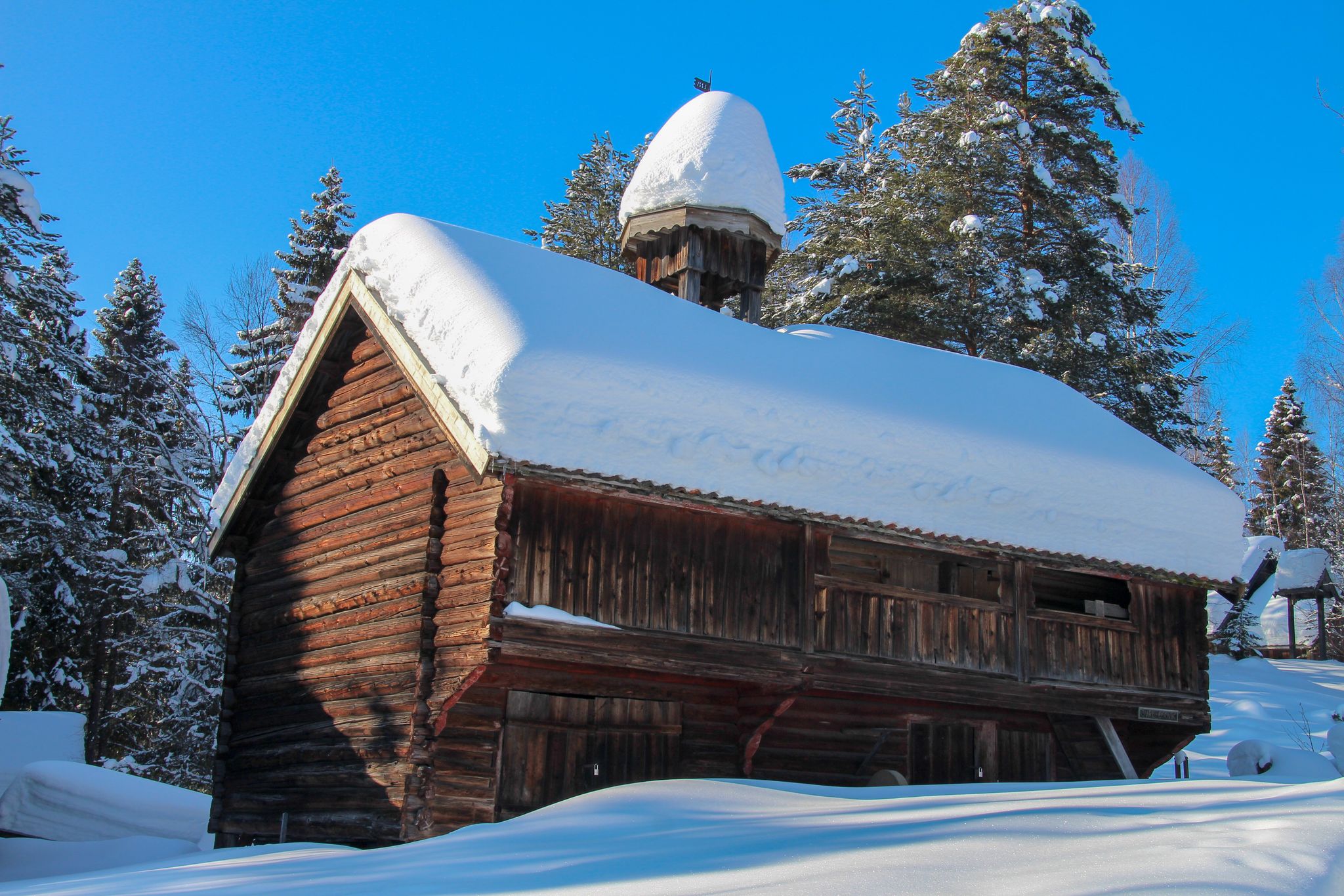 Old snowy viking log houses in Norway, Gjøvik