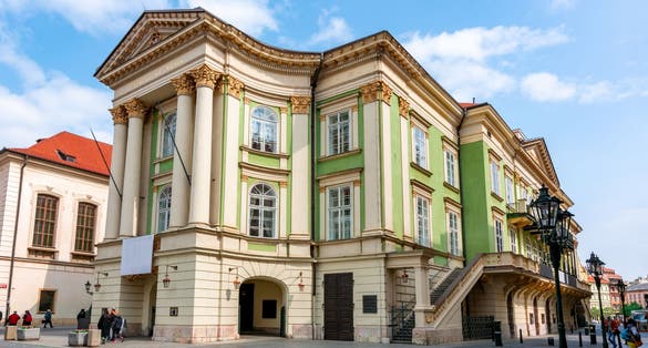 Photo of Estates Theatre (Stavovske divadlo) in Prague old town, Czechia.