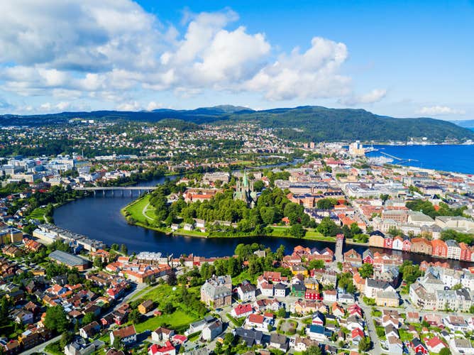 Trondheim city aerial panoramic view. Trondheim is the third most populous municipality in Norway.