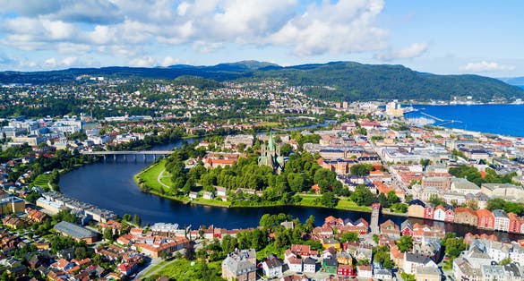 Trondheim city aerial panoramic view. Trondheim is the third most populous municipality in Norway.