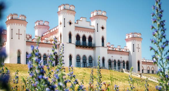 Photo of magnificent Kosava Palace under the blue sky with flowers, Belarus.