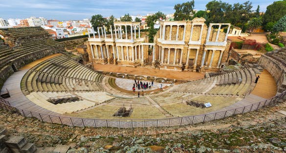 photo of view of Old Roman Theatre in Merida, Spain. Built by the Romans in end of the 1st century or early 2nd century