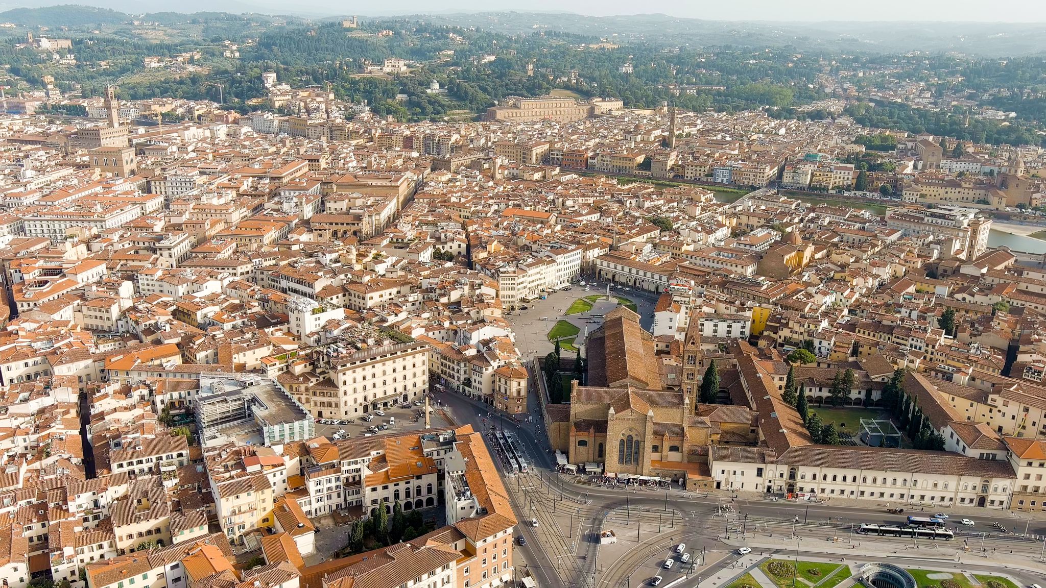 Florence, Italy. Basilica di Santa Maria Novella. Piazza di Santa Maria Novella. Summer. Evening, Aerial View