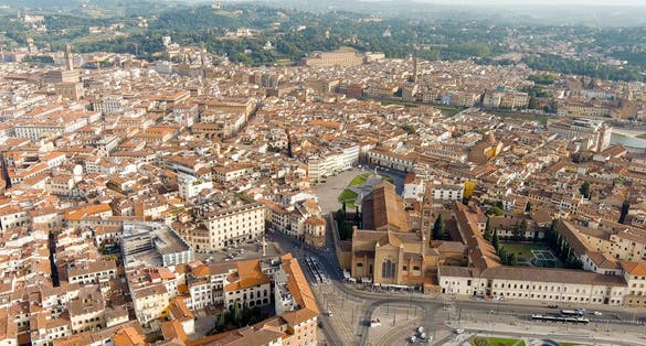 Florence, Italy. Basilica di Santa Maria Novella. Piazza di Santa Maria Novella. Summer. Evening, Aerial View