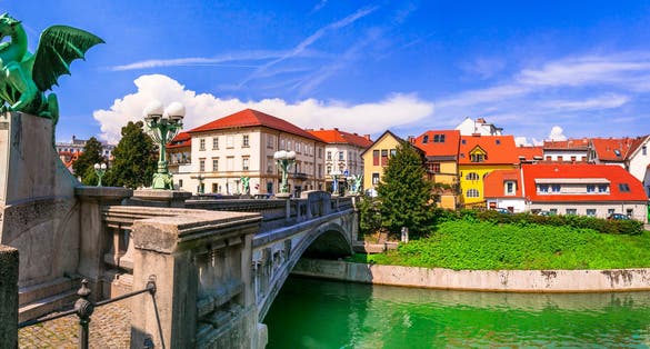 Travel and landmarks of Slovenia - beautiful Ljubljana with famous Dragon's bridge