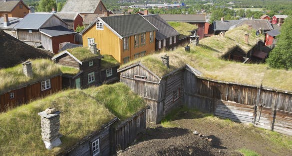 photo of view of View to the traditional houses of the copper mines town of Roros, Norway. UNESCO World Heritage site.
