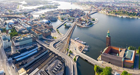 photo of aerial view of the Stockholm City Hall in Sweden.
