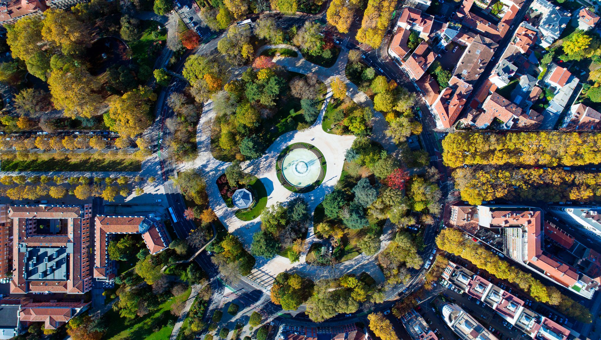 photo of aerial view of the big roundabout Grand Rond park in Toulouse city, France.