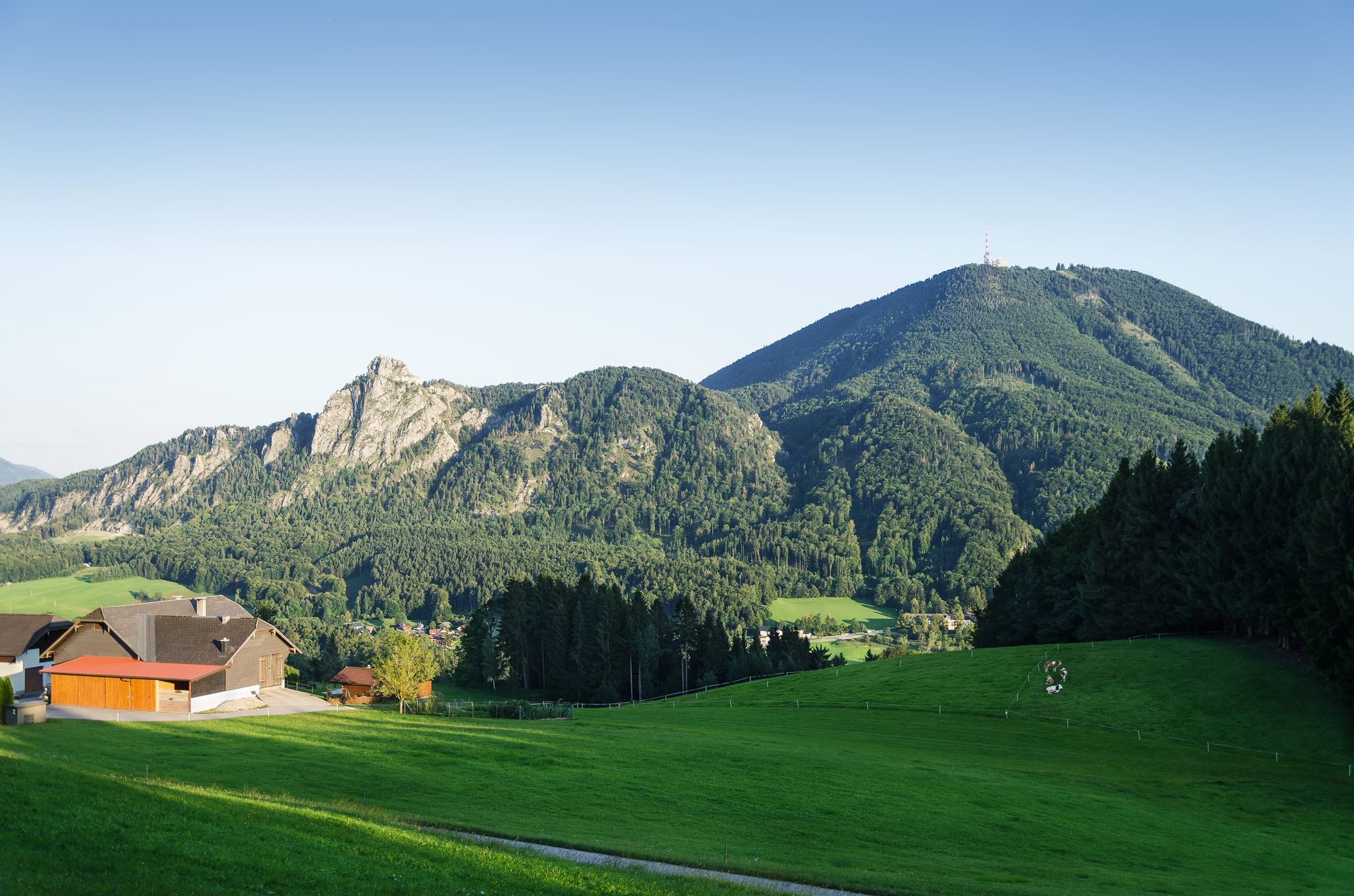 photo of  view of Gaisberg with Nockstein in Austria, Europe. Hausberg of Salzburg. View from Heuberg. Gaisberg belongs to Salzkammergut Mountains, a range of Northern Limestone Alps. Foothill of Osthorn Group. Photo.