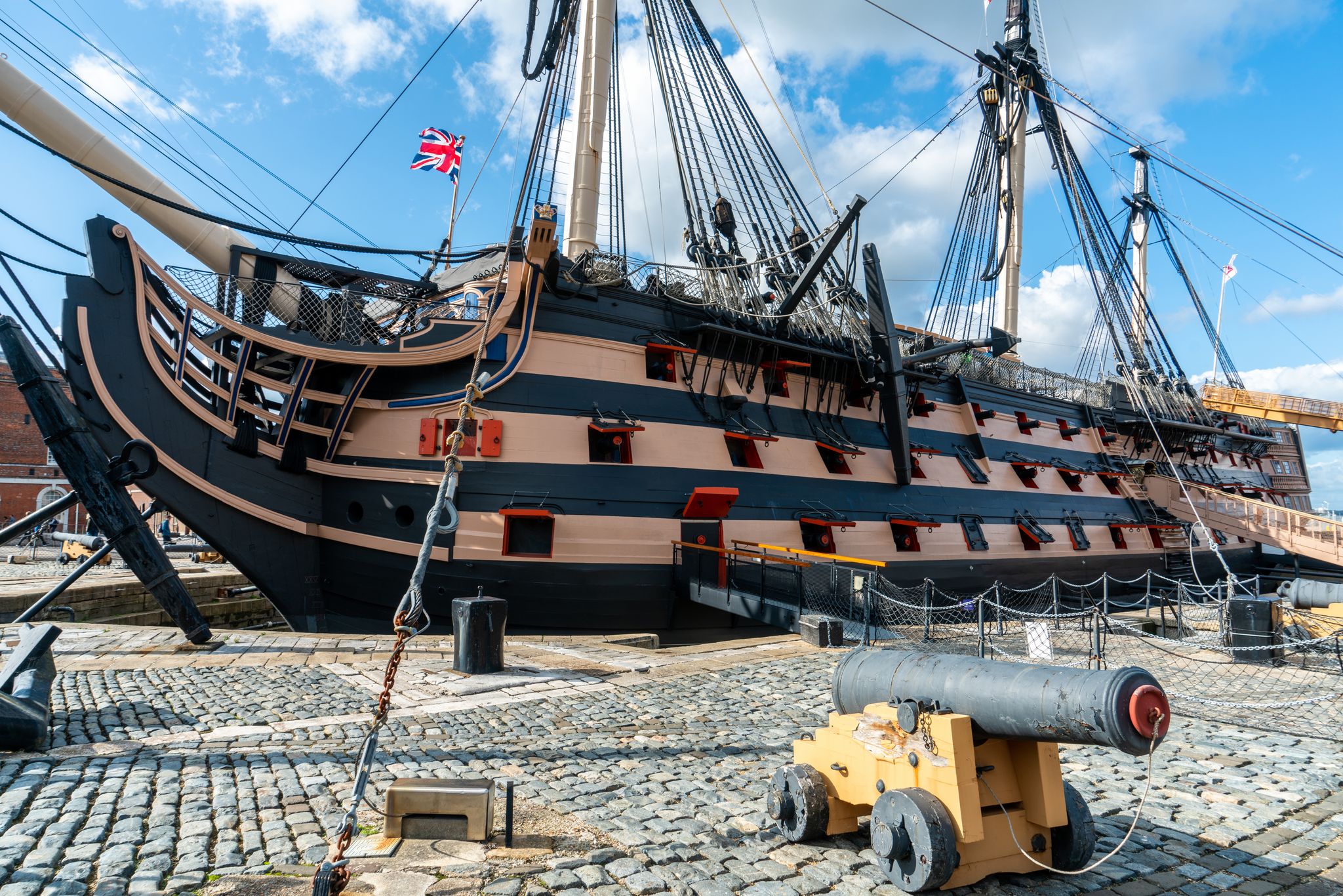 Photo of HMS Victory the Admiral Horatio Nelson's flagship at the Battle of Trafalgar in 1805 at Portsmouth Historic Dockyard, UK.