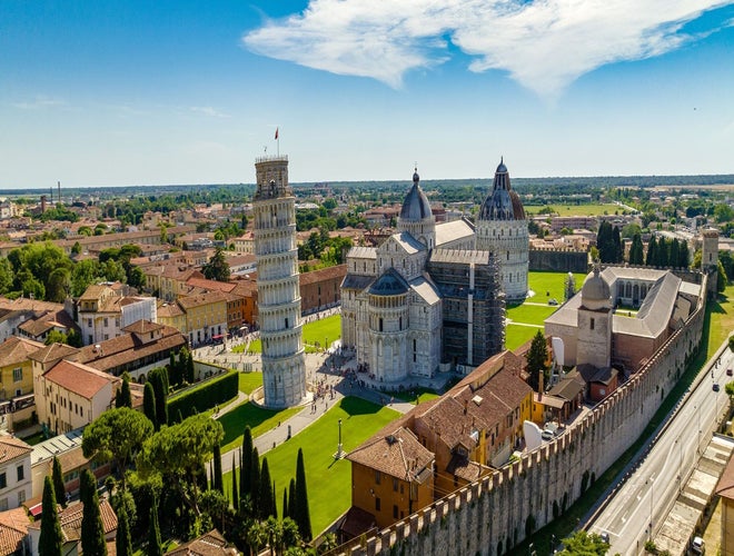 Aerial view of the Leaning Tower of Pisa and cathedral complex on a sunny day in Italy in June..jpg