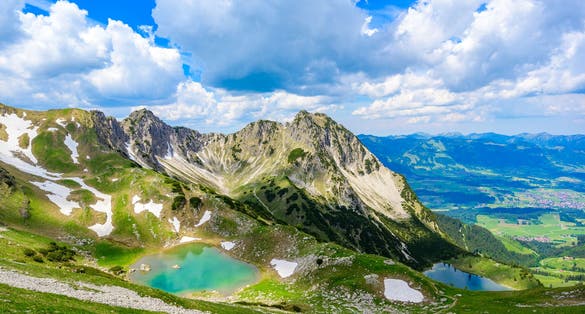 Photo of Beautiful landscape scenery of the Gaisalpsee and Rubihorn Mountain at Oberstdorf, View from Entschenkopf, Allgau Alps, Bavaria, Germany .