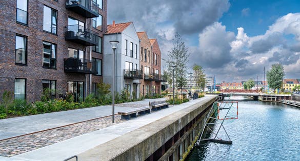 photo of view of New buildings homes near the harbor in Fredericia Denmark.