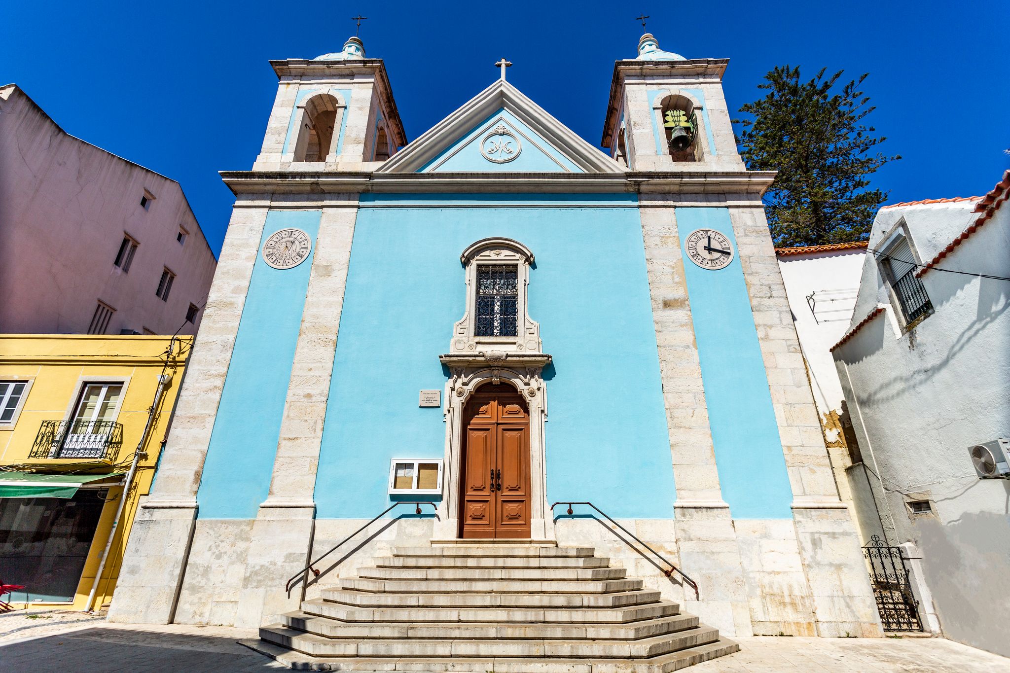 Façade of the Church of Our Lady of Good Success, built in the 18th century after the Great Earthquake of 1755 in Baroque style, in Cacilhas, Portugal,