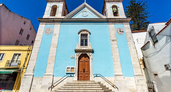 Façade of the Church of Our Lady of Good Success, built in the 18th century after the Great Earthquake of 1755 in Baroque style, in Cacilhas, Portugal,