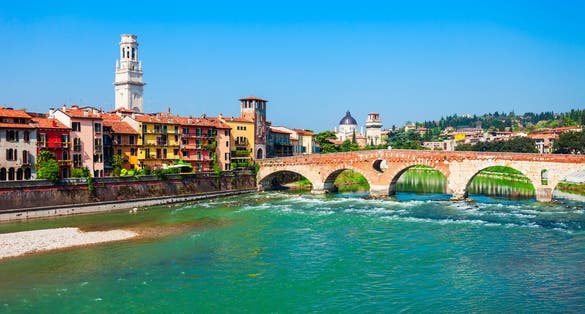 photo of Ponte Pietra bridge is a Roman arch stone bridge crossing the Adige River in Verona, Veneto region in Italy