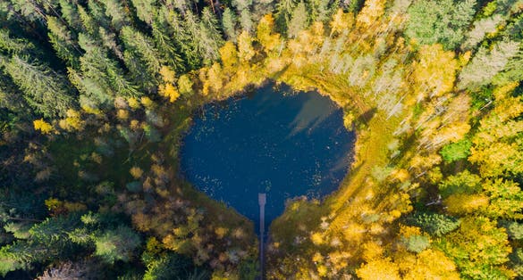 Aerial view of small forest lake Haransilma in Lahti, Finland. The diameter of lake is about 50 meters.