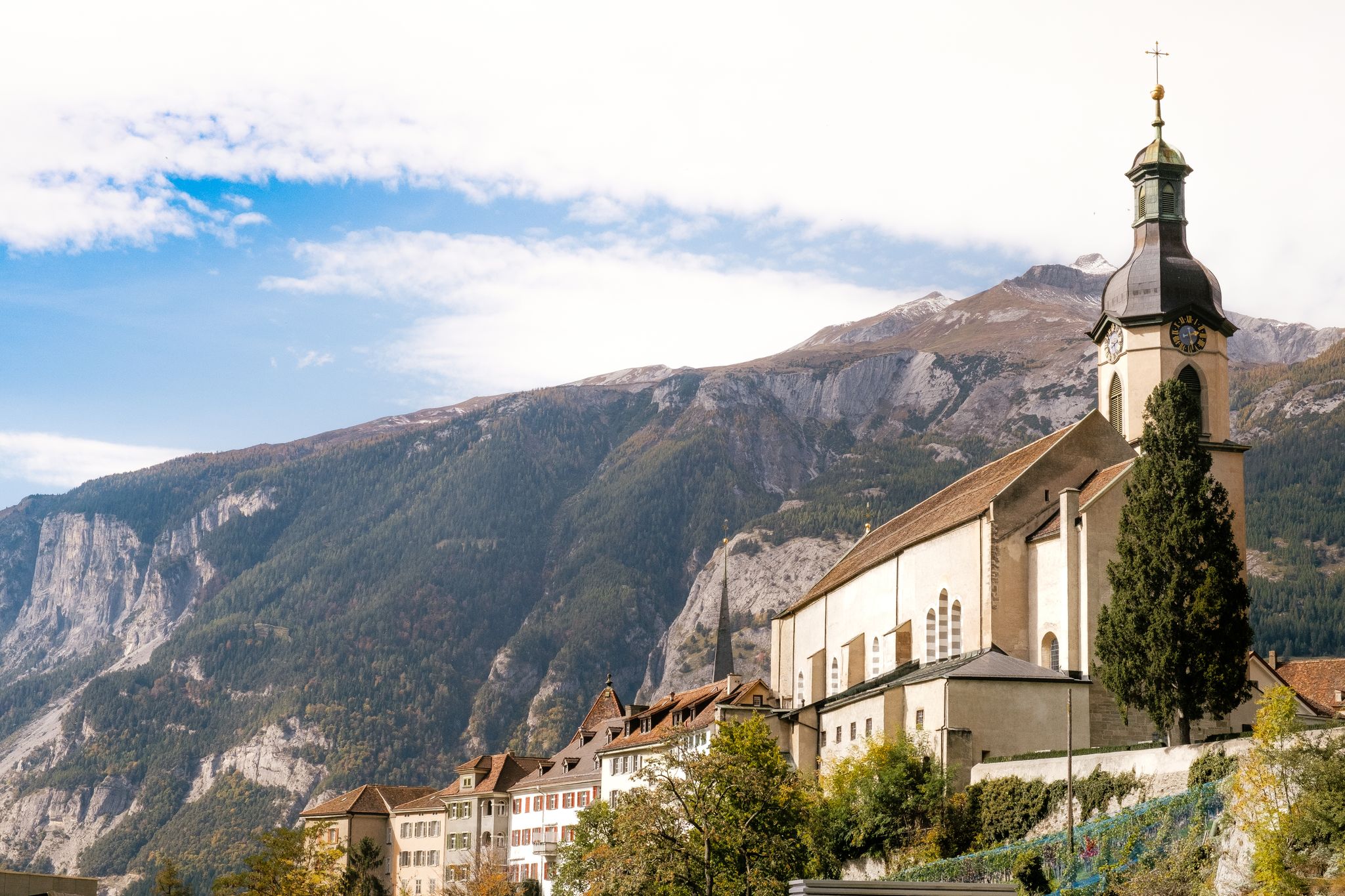Cathedral of Saint Mary of the Assumption with surrounding alpine mountains, Chur, Switzerland