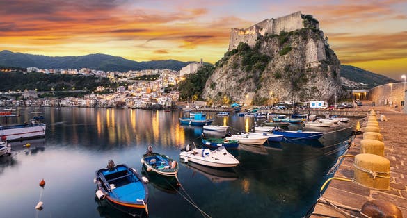 photo of view of Scilla, Italy coastal townscape in Reggio Calabria at the port.