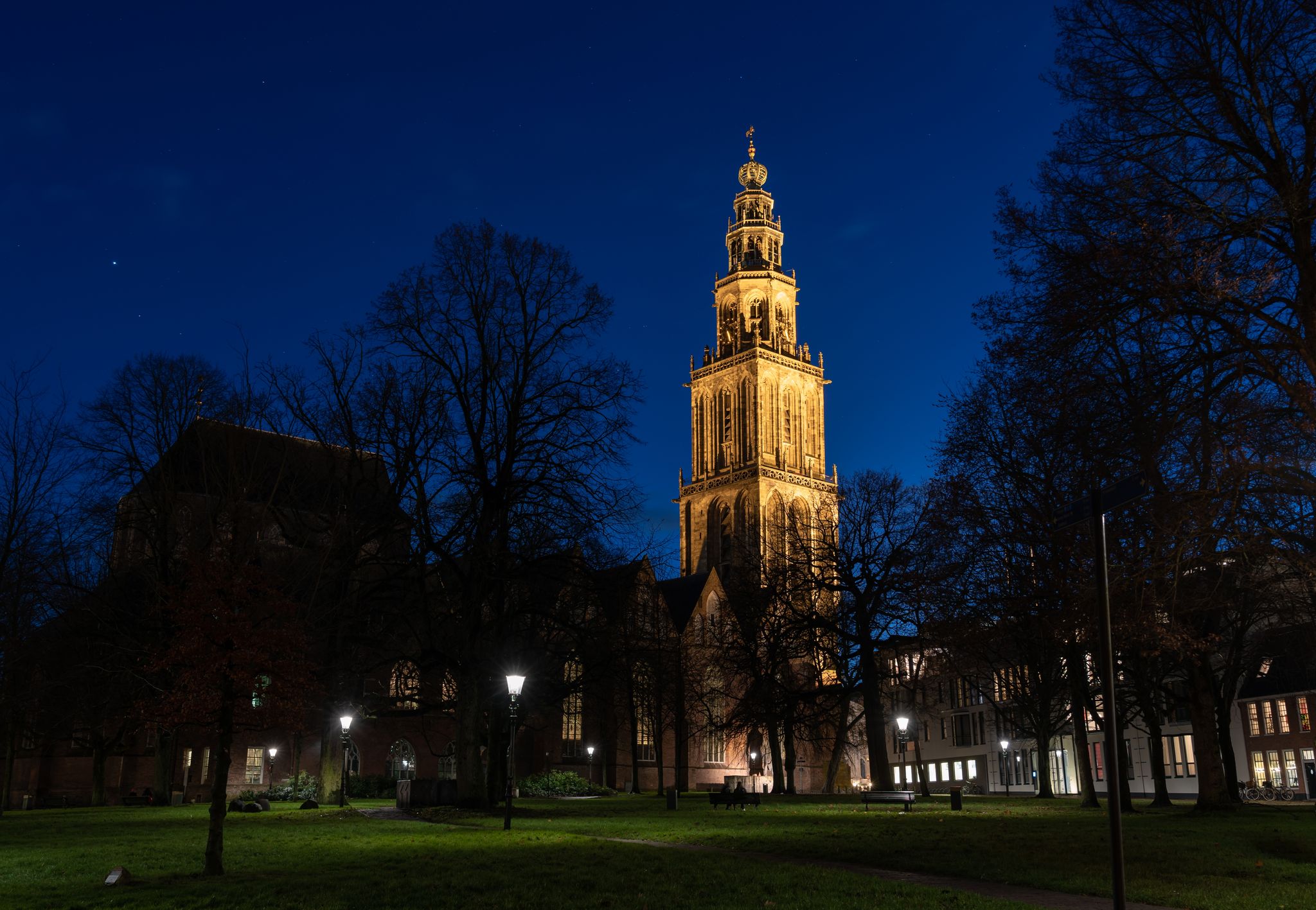 photo of the Martinitoren from the Martinikerkhof at night in Groningen, The Netherlands.