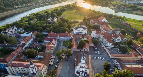 Aerial image of Kaunas old town, Lithuania. Summer sunset scene.