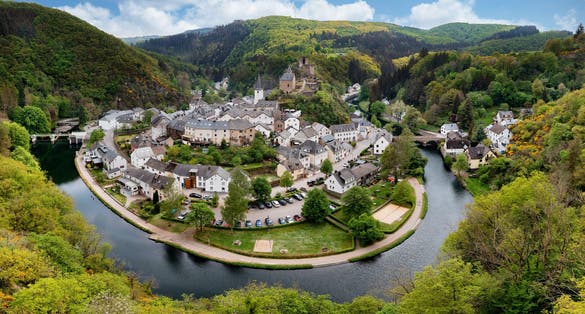 Photo of aerial view of Esch-sur-Sure, medieval town in Luxembourg.