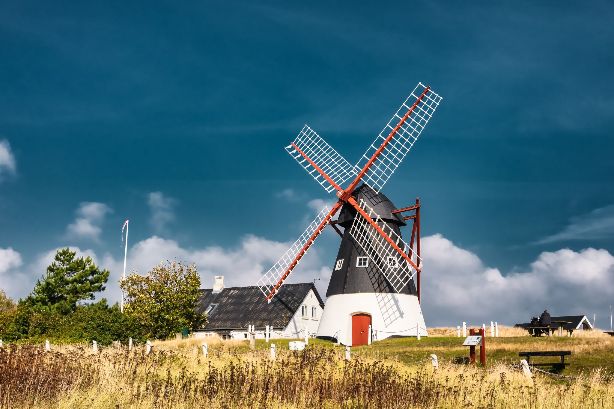 photo of view of Dutch wind mill on the island Mandoe in the wadden sea, Esbjerg, Denmark.