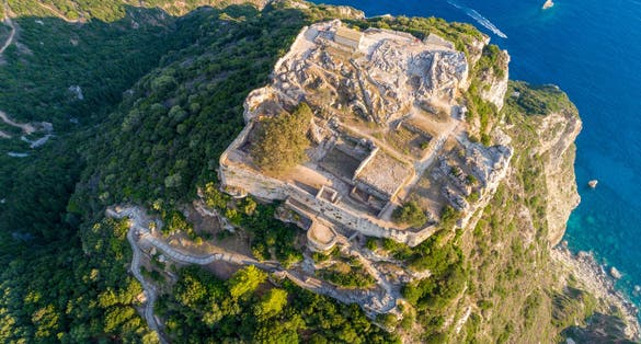 photo of ariel view of Old ruins of Angelokastro fortress, Corfu island, Greece.