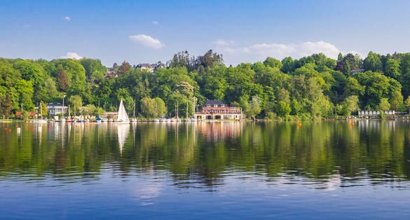 photo  of view of  Panorama of the river Ruhr and lake Baldeney in Essen, Germany.