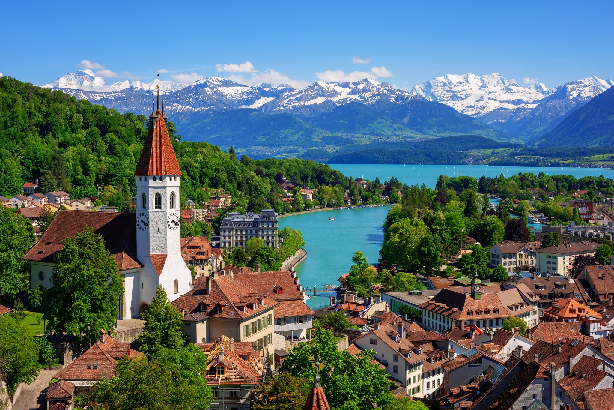 Bern, Switzerland. View of the old city center and Nydeggbrucke bridge over river Aare.