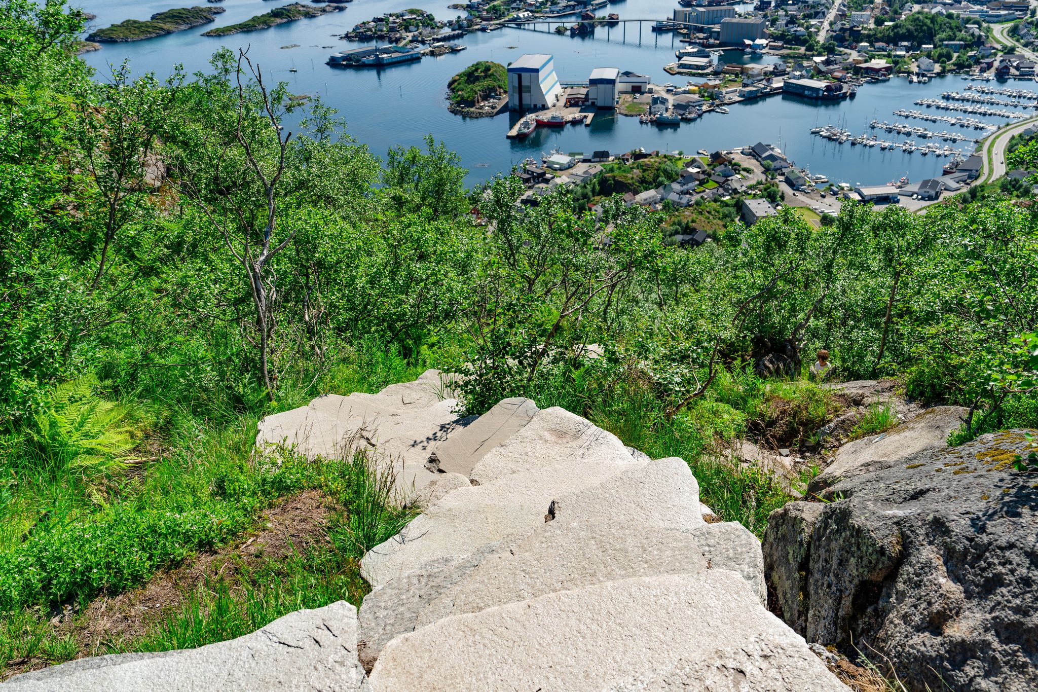 Djevelporten or Devils gate in Floya mountain hiking trail. Svolvaer trekking trail in Lofoten island, Scandinavia, Norway, activity famous places