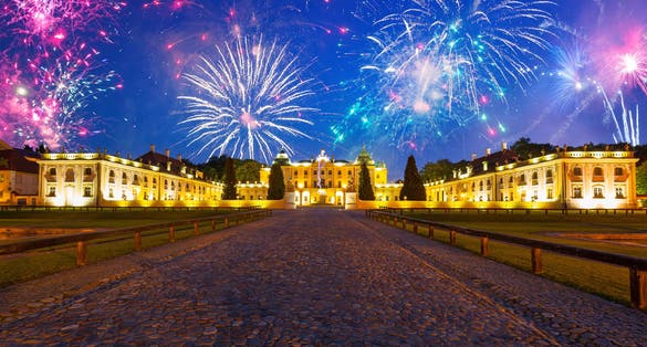 Fireworks display over the Branicki Palace in Bialystok, Poland