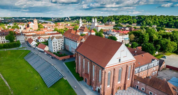 Aerial view of Kaunas city town hall during bright summer day.
