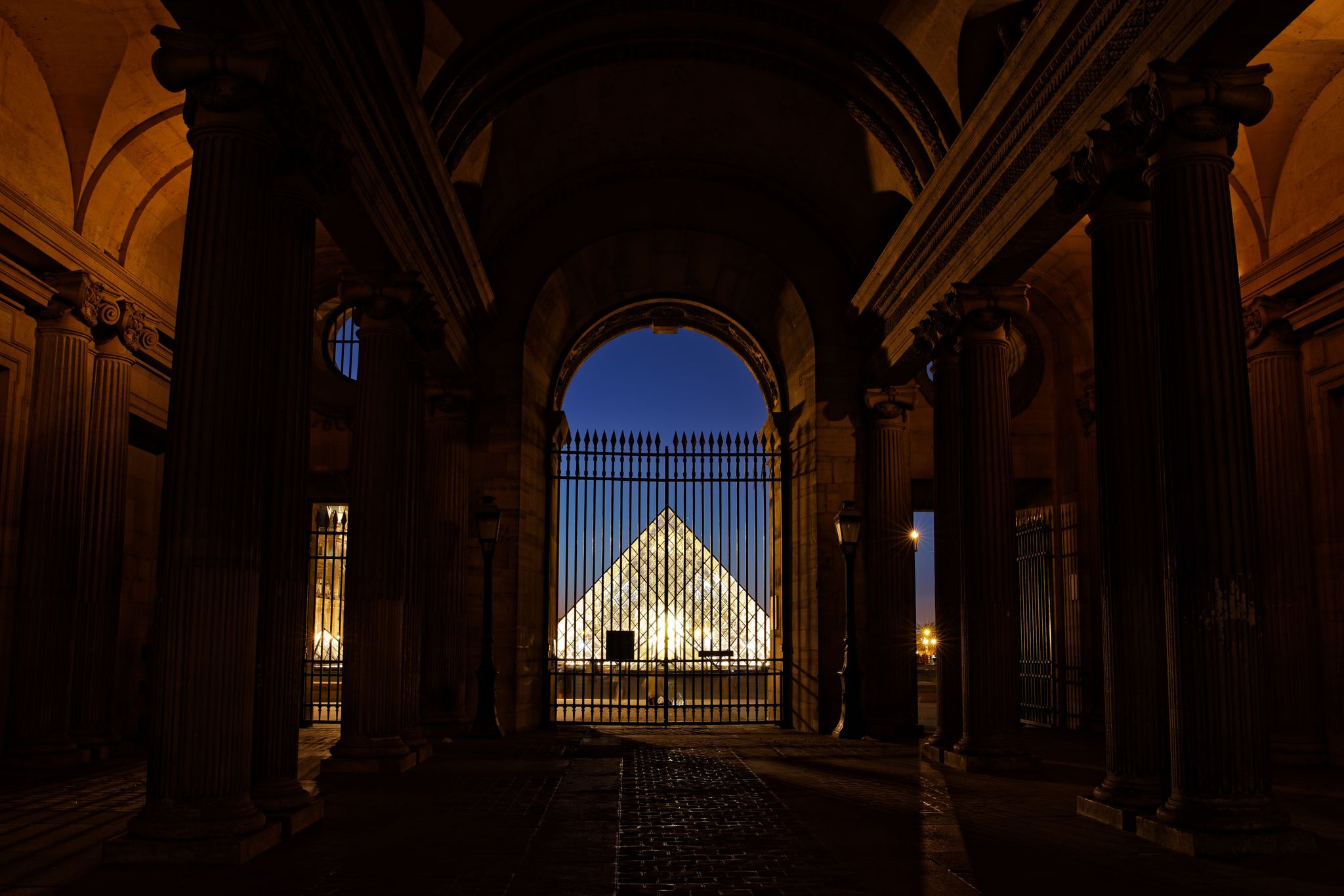 Photo of view of Louvre Pyramid from Cour Carree, Paris, France.