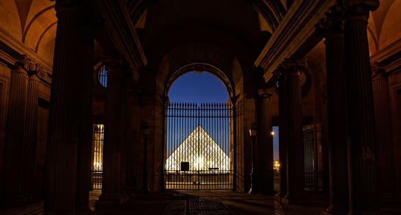 Photo of view of Louvre Pyramid from Cour Carree, Paris, France.